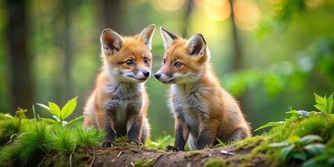 Fototapeta premium Two cute fox friends playing in the forest , Fox, friends, animals, wildlife, nature, cute, playful, forest, adventure, exploring