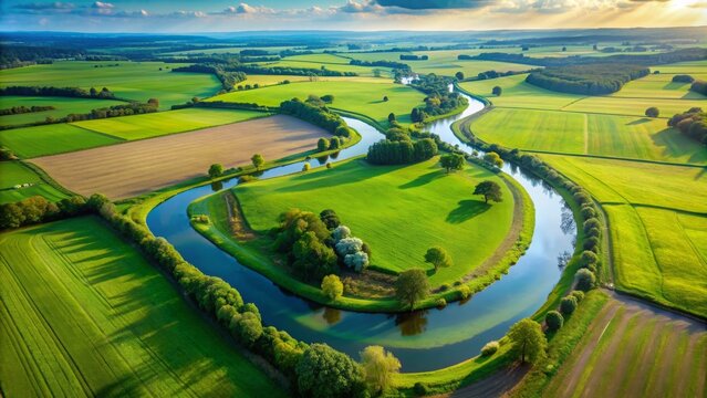 Aerial view of a tranquil green field and meandering river in the countryside, peaceful, serene, lush, landscape, nature