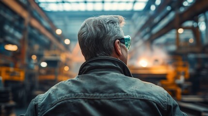 Obraz premium Back view of senior engineer wearing protective eyewear inspecting a welding process in a factory for industrial production conducting quality check in heavy industry factory