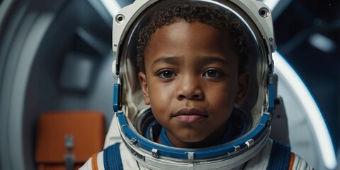 African american child wearing astronaut suit in spaceship Boy embracing future profession Kid in aspirational attire.