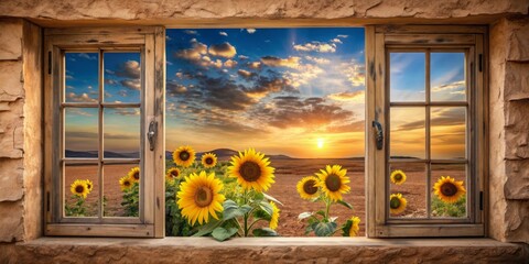 Vintage window with sunflowers in desert setting, digital artwork perfect for 4K wallpaper , sunflowers, desert, vintage