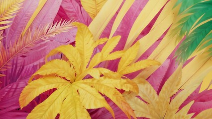 A vivid arrangement of colorful tropical leaves in shades of purple, yellow, and green, creating a lively and energetic background. Ideal for vibrant and exotic design themes.