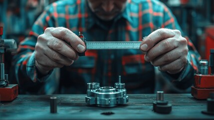 Closeup of technician measuring precision parts with caliper in a metal workshop during quality assurance and precision engineering tasks