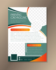parenting coaching clinic flat vector brochure template. Flyer, booklet, printable leaflet design with space for photo. Magazine page, reports, infographic posters with text space