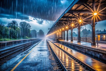 Obraz premium A photo of a train station platform with rain pouring down and the lights of train station.