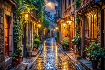 Fototapeta premium A charming and detailed photo of a narrow alleyway in an old town, glistening with rain and softly illuminated by streetlights.