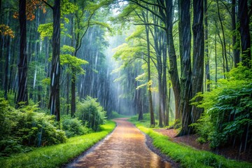 Fototapeta premium A serene forest scene with a footpath and road winding through lush green trees and foliage.
