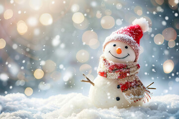 Christmas greeting card with bright winter holiday snowman and New Year background