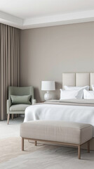Fototapeta premium Elegant hotel room with stylish furniture, natural colors and neutral lighting. Hotel interiors decor composition.