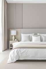 Elegant hotel room with stylish furniture, natural colors and neutral lighting. Hotel interiors decor composition.