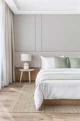 Fototapeta premium Elegant hotel room with stylish furniture, natural colors and neutral lighting. Hotel interiors decor composition.