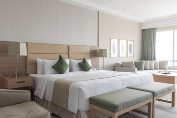 Fototapeta premium Elegant hotel room with stylish furniture, natural colors and neutral lighting. Hotel interiors decor composition.