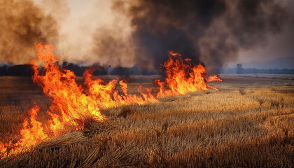 Fototapeta premium Stubble fires in cultivated and harvested fields