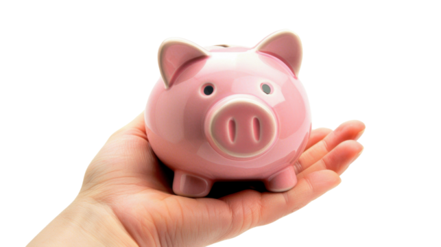 Hand holding piggy pig bank on transparent background