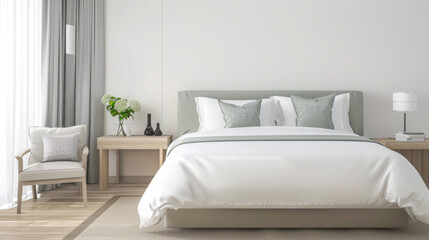 Elegant hotel room with stylish furniture, natural colors and neutral lighting. Hotel interiors decor composition.