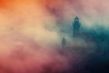 Fototapeta premium Generative ai on theme of large retro lighthouse with beam of bright light shining out to blue sea