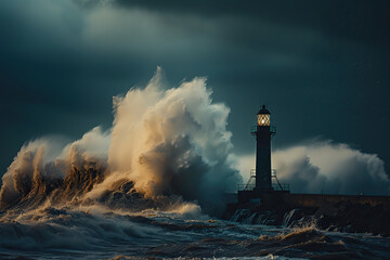Generative ai on theme of large retro lighthouse with beam of bright light shining out to blue sea