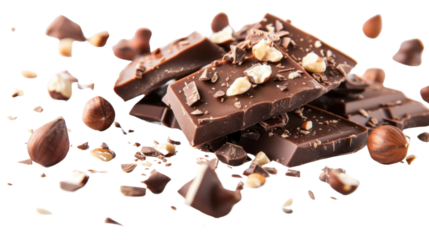 Pieces of hazelnut dark chocolate on transparent background 
