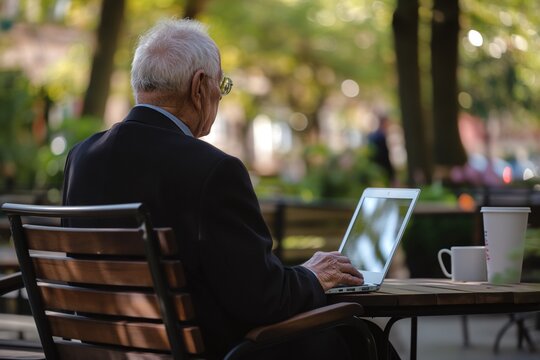An elderly man with white hair using a laptop while sitting outdoors in a park, reflecting on technology use among seniors