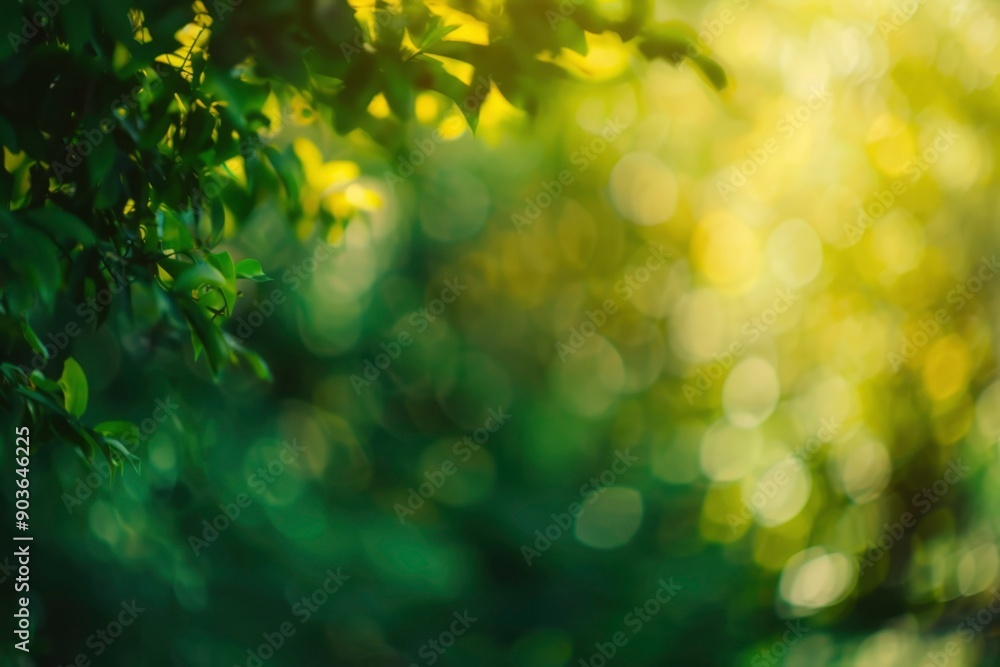 Poster abstract green bokeh background with sunlight filtering through leaves