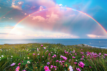 Generative ai on theme of beautiful tranquil landscape with magical bright rainbow at cloudy sky