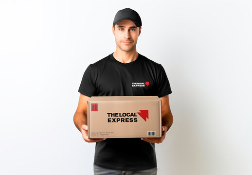 Apparel Delivery Man Tshirt Cap And Parcel  Box Mockup With Generative AI