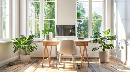 Modern home office with large windows, greenery, and natural light, perfect for productivity and inspiration.
