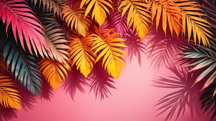 A vibrant arrangement of tropical palm leaves in warm autumn colors of red, orange, and yellow against a soft gradient background. Perfect for seasonal and nature-themed designs.