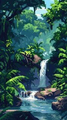Pixel art jungle river, flowing water, dense vegetation, exotic landscape