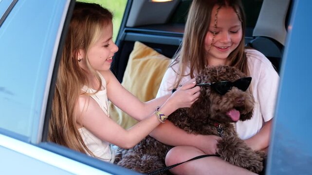 Two little girls sitting in car back seats and putting onsunglasses on Fluffy brown Maltipoo dog snout. Open window view during car journey rest stop. Funny pets in a modern family concept. 4K footage