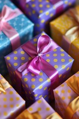 Colorfully wrapped decorative gifts with vibrant ribbons displayed for celebration