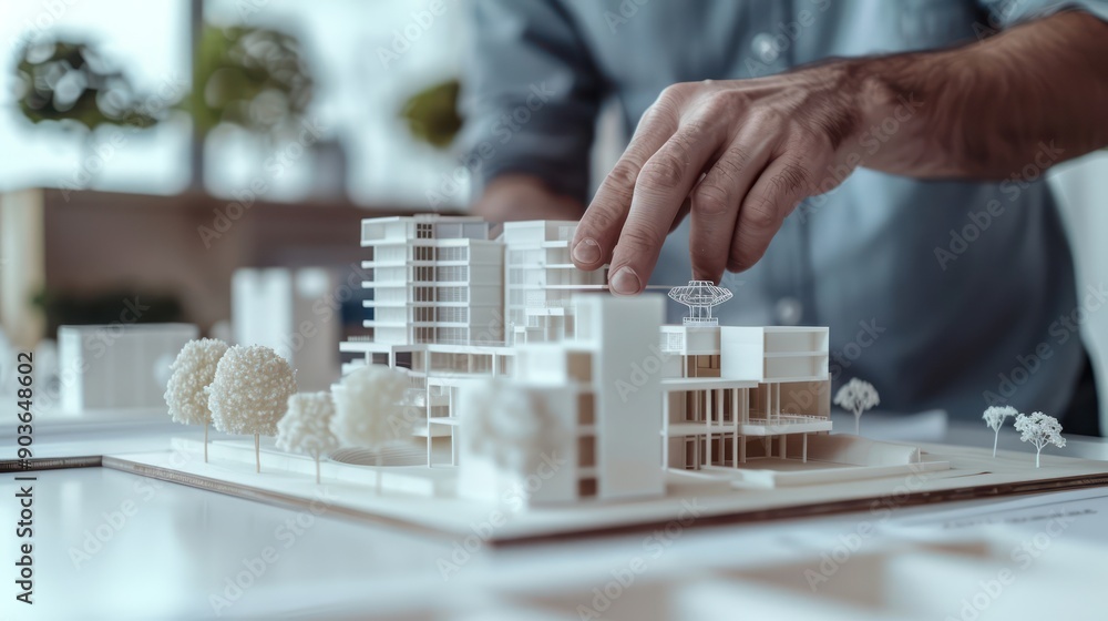 Poster architect presenting a 3d printed architectural model during a design review