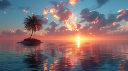 Solitary palm tree on a tiny desert island in the middle of a clear ocean on a sunset