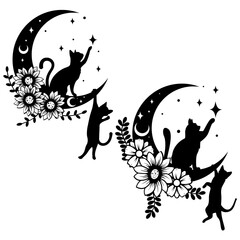 Cat moon | Celestial Cat | Cat Floral Wreath | Cat in the moon | Crescent Moon | Midnight Cat | Cat Flower | Floral Moon | Original Illustration | Vector and Clipart | Cutfile and Stencil