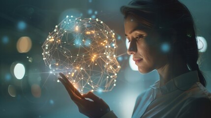 A businesswoman using her smartphone to make interconnected digital glowing connections with an AI brain, symbolizing the power of artificial intelligence technology
