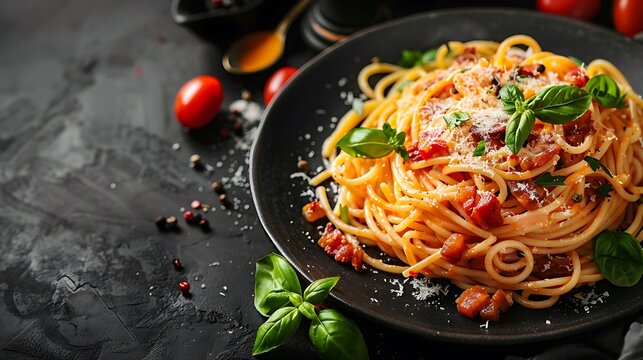 A close-up of a plate of spaghetti carbonara, with rich creamy sauce and crispy pancetta, placed on a dark background. Soft lighting highlights the textures of the pasta and sauce,