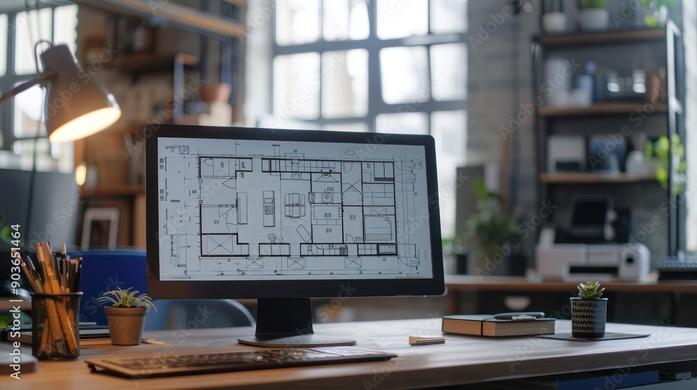 Poster architectural floor plans displayed on a computer screen during a design review