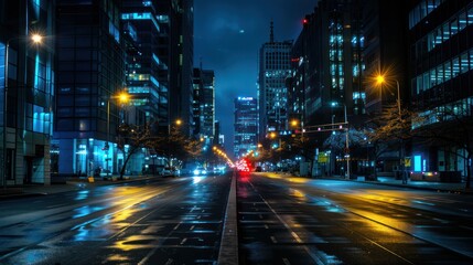 Obraz premium City architecture at night with illuminated buildings and streetlights