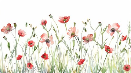 Obraz premium Watercolor tall grass and red poppys on a white background