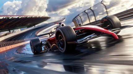 A photorealistic CGI render of a futuristic Formula 1 race on a track that defies gravity, ultra-high detail vehicles