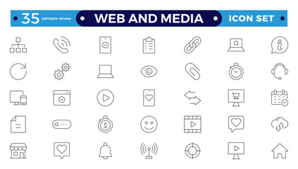 Web and Media thin line icons set. Editable stroke outline icon. 
