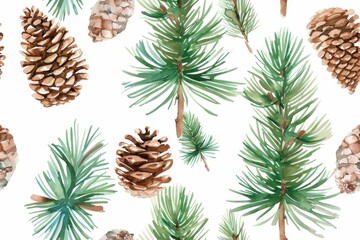 Colorful pine cones and evergreen branches on white background. Seamless pattern.
