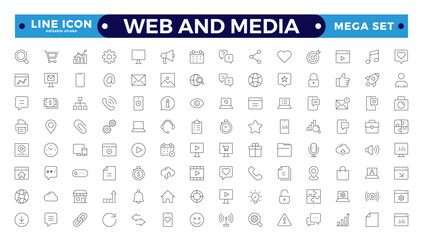 Web and Media thin line icons set. Editable stroke outline icon. 
