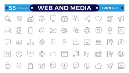 Web and Media thin line icons set. Editable stroke outline icon. 
