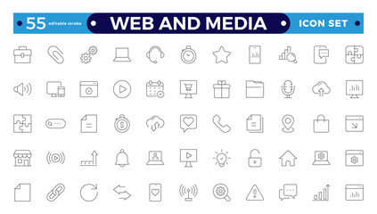 Web and Media thin line icons set. Editable stroke outline icon. 

