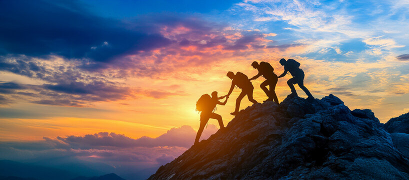 Silueta de equipo ayud&aacute;ndose mutuamente a alcanzar la cima de la monta&ntilde;a, en el estilo del concepto de trabajo en equipo.