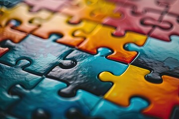 A puzzle, with pieces representing resources, is gradually assembled within a grid framework. The final piece, representing completion
