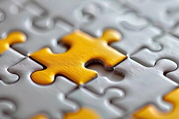 Fototapeta premium A puzzle, with pieces representing resources, is gradually assembled within a grid framework. The final piece, representing completion