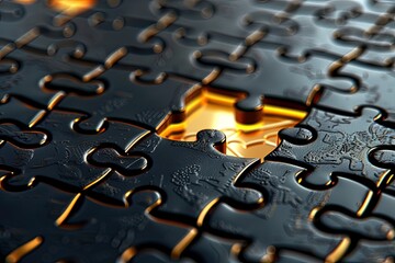 A puzzle, with pieces representing resources, is gradually assembled within a grid framework. The final piece, representing completion