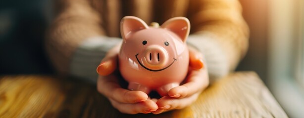Pink Piggy Bank Held by a Woman's Hands